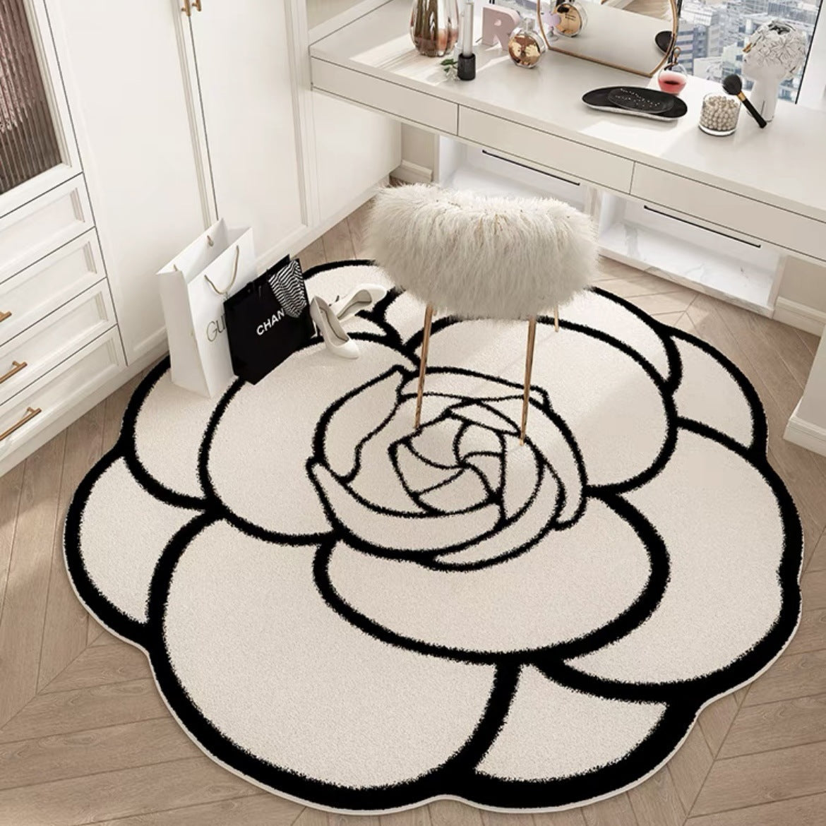 Camellia special-shaped carpet, living room light luxury premium floor mat, bedroom, cloakroom, foot mat, makeup room, study, rotating chair cushion