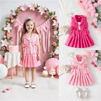 new girls' sweet bowknot three-piece suit: sleeveless vest + camisole + pleated skirt