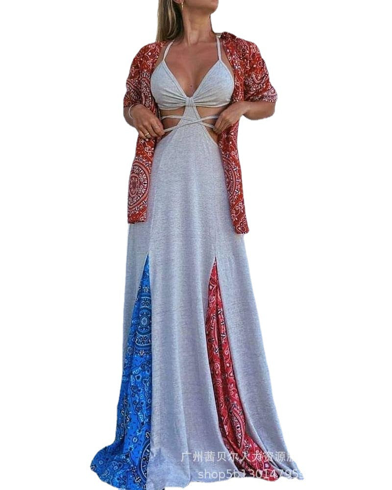 Spot  2022 European and American new contrasting color printing splicing sexy strap long suspender skirt