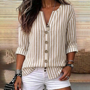 new french stripe plus size shirt - relaxed fit textured cotton linen - vacation style european and american hot seller women's clothing