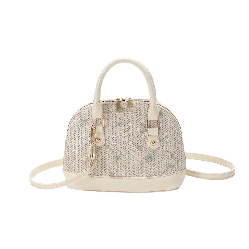 Straw shell bag women's retro high-end handbag 2025 new fashion lace embroidered shoulder messenger bag