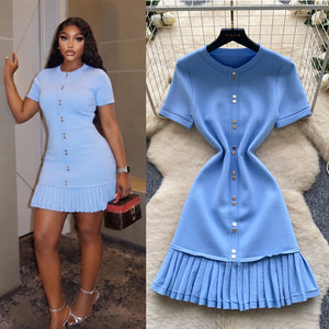 French work clothing short sleeve dress women's blue pleated skirt silmslimming lookpetites midi skirtsummer