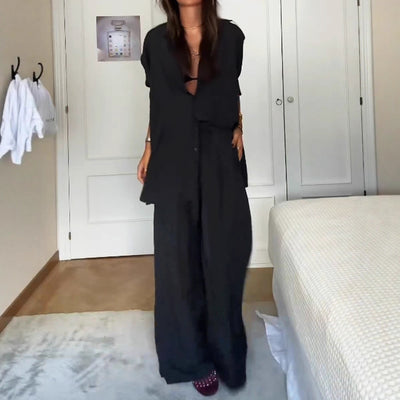 european and american export women's fashion solid color loose single-breasted top and casual wide-leg pants two-piece set