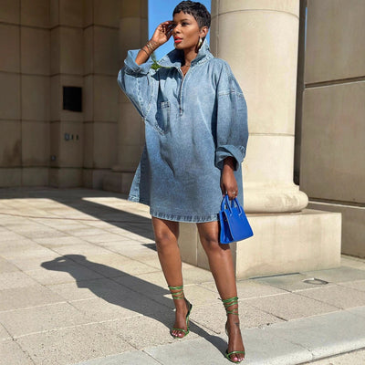 European and american style loose-fit dress - new arrival - cross-border women's fashion - trendy turn-down collar gradient long-sleeve denim dress