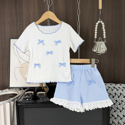 Girls' summer bowknot sweet outfit set - korean style lace patchwork plaid shorts and top two-piece set for toddlers and little girls