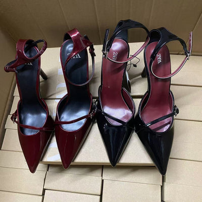 Zaautum new products 2024 pointed toe shoes women's patent leather stiletto wine red women's shoes high heels buckle shallow mouth hollow sandals
