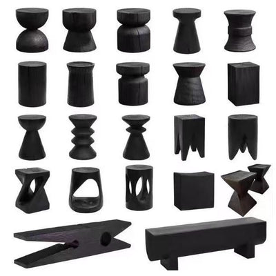 Wabi-sabi carbonized black flower corner stand folk style qhc store log sofa side table retro designer wooden pier wine display