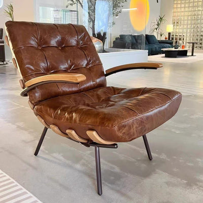 Vintage-style ribbed back casual chair, retro oil wax leather sofa chair, creative art lazy chair, designer negotiation chair
