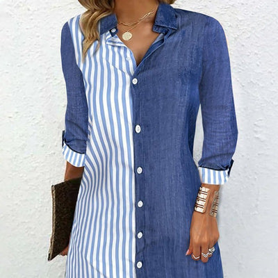 european and american export women's clothing: women's striped color block long sleeve comfortable casual button-down mid-length shirt