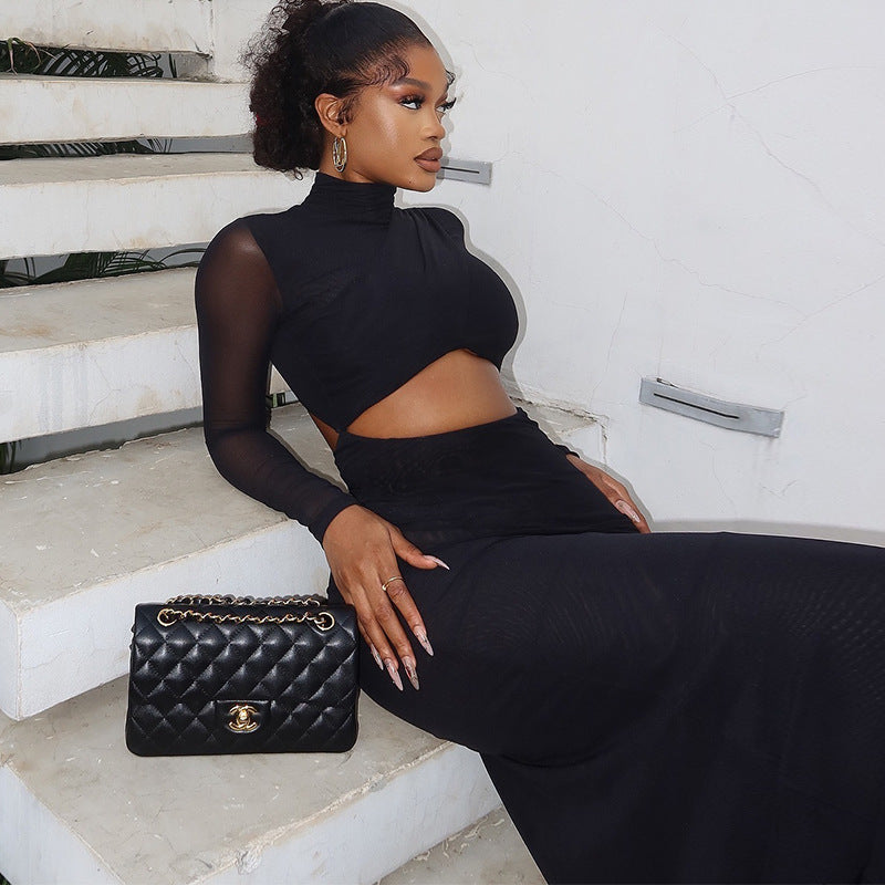 European and American fashion women's clothing solid color dress sexy mesh individual splicing long-sleeved semi-turtleneck temperament one-step skirt