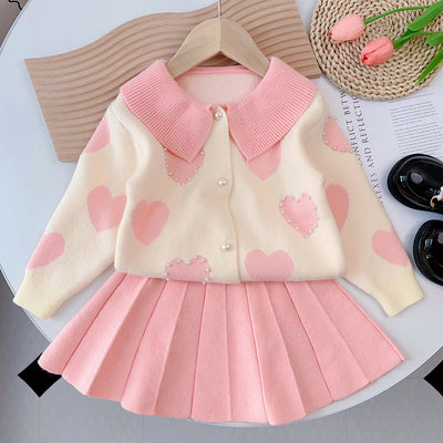 Baby knittingcardigan heart beading western style tops pleated sweater skirt fall and winter clothes new girlsweater wholesale