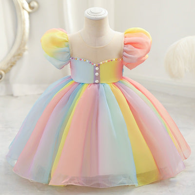7-piece princess dress summer rainbow age mesh dress children's clothing wedding dress puffy baby girl dress little girl 1 season cotton