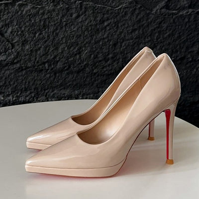 Yx patent leather high heels women's pointed toe waterproof platform non-fatigue stiletto heels commuter nude flats red sole high heels