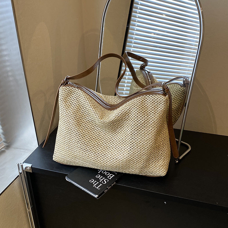 Foreign order large-capacity straw woven bag women's 2025 new summer versatile beach vacation woven tote bag messenger bag