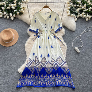 Bohemian vacation dress for women, summer, artsy retro, cinched waist, v-neck, short sleeve, printed maxi dress
