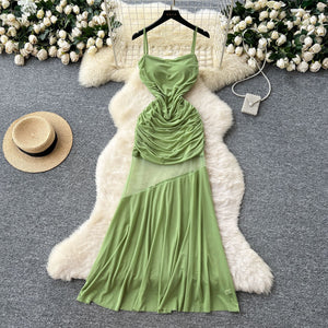 French fashion mesh patchwork camisole pleated waist dress - women's summer design, slimming, elegant maxi dress