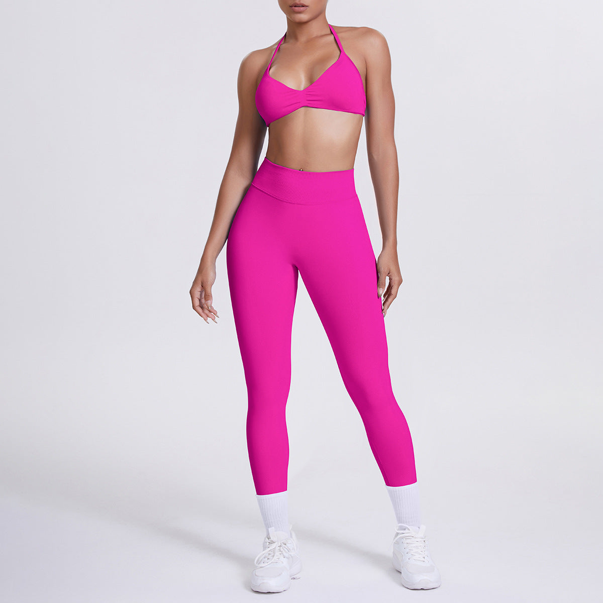 Spot solid color yoga clothes high waist peach hip sports trousers suspenders beautiful back neck bra fitness yoga set