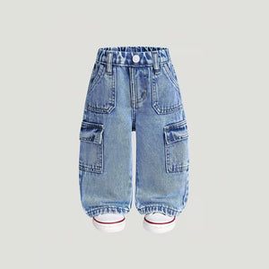 girls' spring/autumn denim pants: new styles for toddlers and young children, loose-fit casual straight-leg trousers, stylish and versatile wide-leg pants for kids