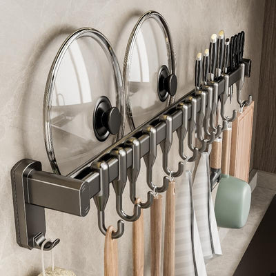 Kitchen punch-free hanging rod, spatula, spoon, movable hanging rack, row hook, multi-functional storage rack, wall-mounted storage knife holder