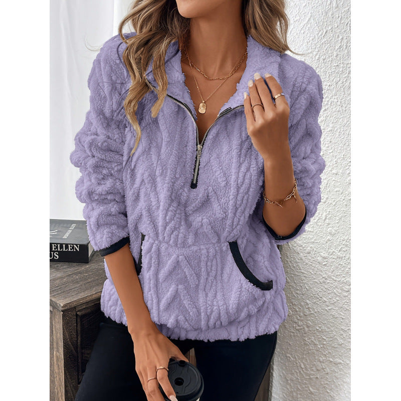 Spot  wish  supply 2025 autumn and winter fashion short contrasting color half-open neck plush women's sweater