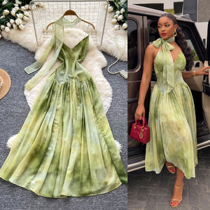French holiday style green smudgeddress women's summerv neck suspender waist a-line tie-dye long skirt atmosphere