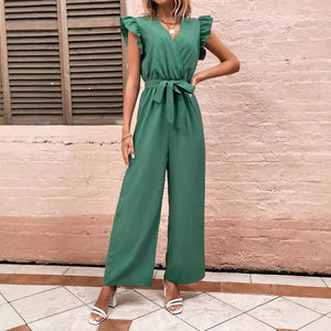 Pre-sale-72265 cross-border fashionexport women's fashioneasiest for matchsilm slimming lookv neckhigh waisttie back jumpsuits