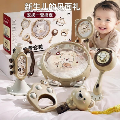 Newborn & infant early education 4-in-1 rattle instrument toy set - develops baby's auditory and visual development with hand drum