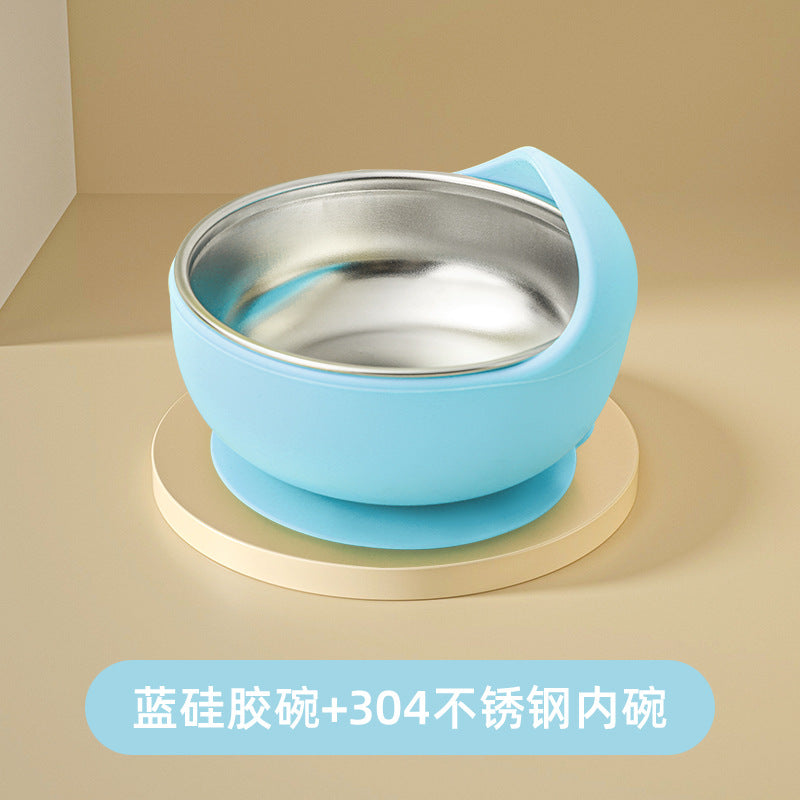 Stainless steel suction cup bowl baby special complementary food baby bowl independent eating silicone anti-drop and anti-scalding children learn to eat