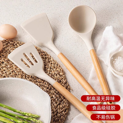 High temperature resistant wooden handle silicone kitchenware silicone spatula spoon three-piece set cooking spatula kitchen supplies non-stick spatula suit