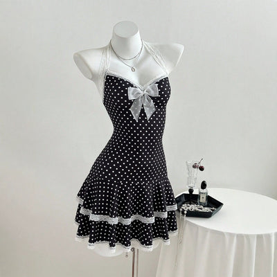 E1 - in stock - 73938# sweet & spicy bowknot polka dot lace trim waist-defining women's cami dress mini skirt