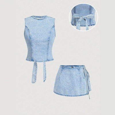 W2 - in stock - 66398# cross-border fashion casual lace-up women's denim set (us & european style)