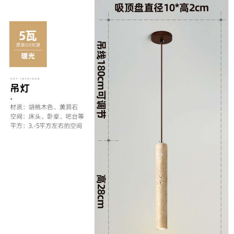 Yellow travertine bedroom bedside chandelier Japanese wabi-sabi retro walnut living room background wall bar hanging line lamp