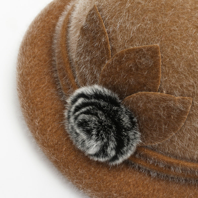 Autumn and winter hat women's trilobal round edge basin hat Korean version hairball bucket hat outdoor sponge ring warm fashion cotton hat