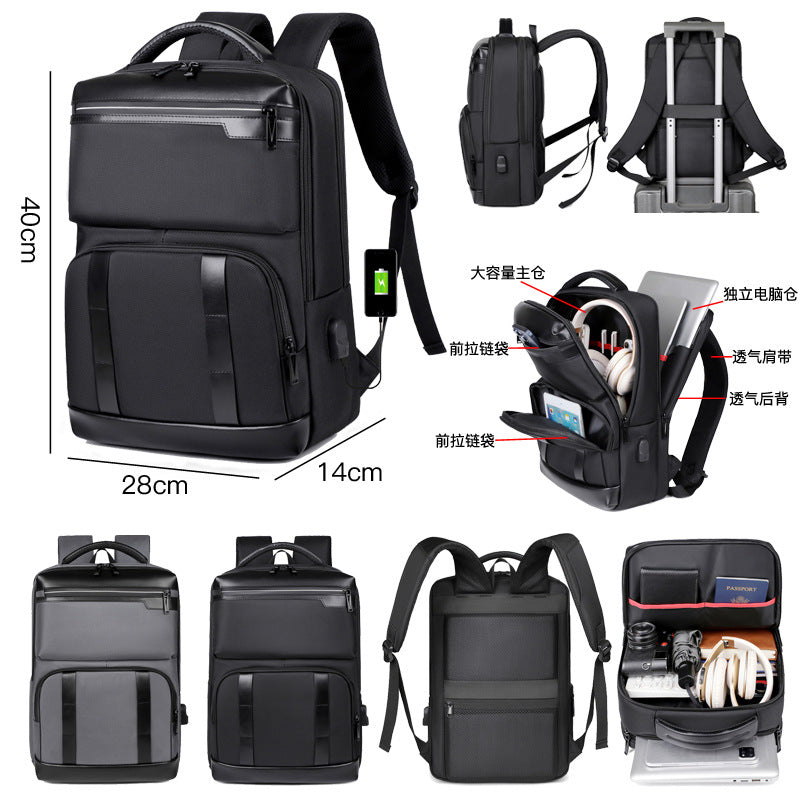 Cross-border large-capacity backpack computer bag, simple commuter business backpack, USB interface can be hung, tie rod business travel backpack