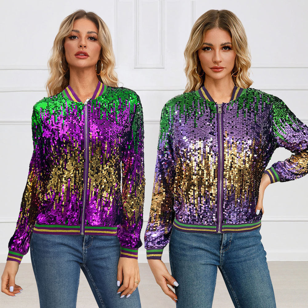 10345 Cross-border European and American  long-sleeved cardigan stand-up collar sequined spring and autumn women's baseball jacket