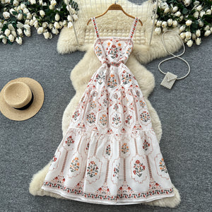 French country floral print cami dress - high waist, elegant a-line, vacation style maxi dress - new summer collection
