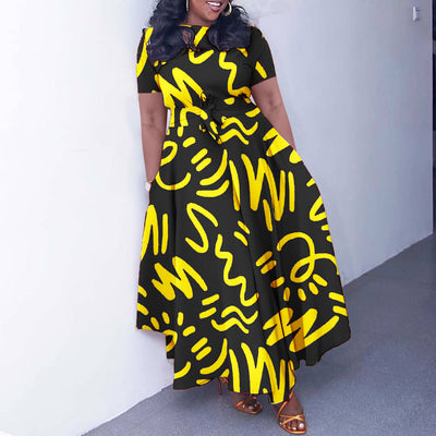 C8619 cross-border women's clothing new fashion elegant lace-up african print short-sleeved large swing foreign trade dress