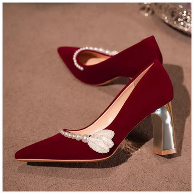 Red wedding shoes for women, new 2026 chinese style xiuhe dress pearl bridal high heels