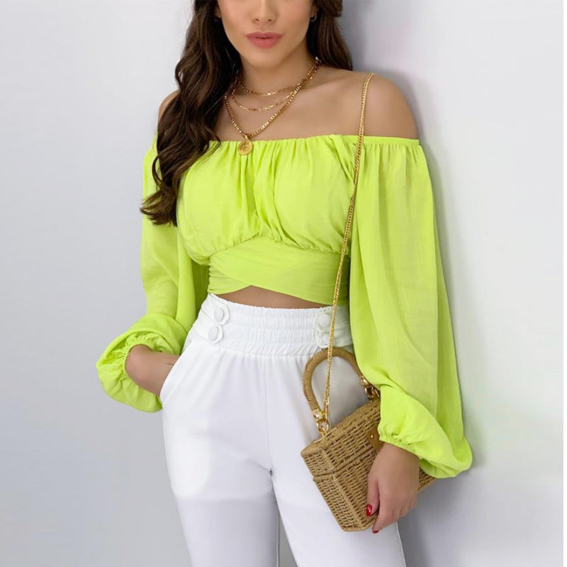 Spot European and American  tops women's solid color open-button lantern sleeves one-word collar sexy lace-up women's bubble sleeve shirt