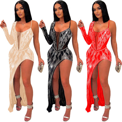 S390434 cross-border women's sexy see-through rhinestone long sleeve dress women's nightclub evening dress