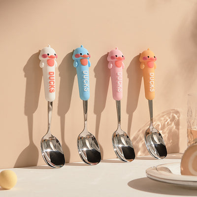 Cute duckling soft-grip fork and spoon set - 304 stainless steel, instagrammable design, high-quality fork and spoon set for babies - wholesale
