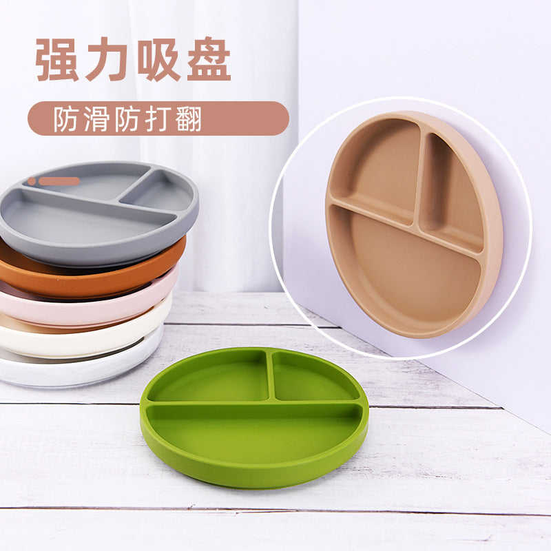 Cross-border food-grade silicone tableware set, simple plate, fork and spoon, safe and non-slip baby complementary food tableware three-piece set