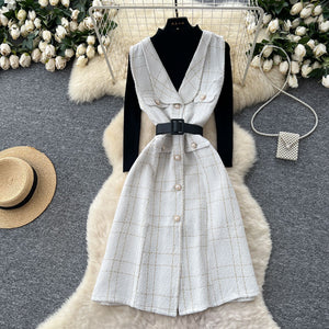 French chic, high-end plaid tweed sleeveless dress with turtleneck long-sleeve knit cardigan set - women's autumn collection