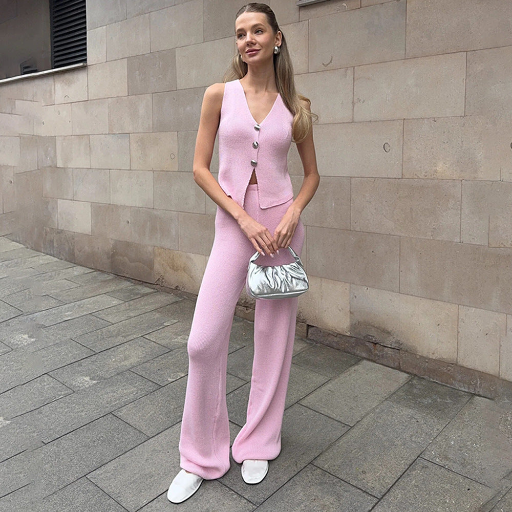 European and American  new hot-selling women's knitted suit, sexy sleeveless cardigan sweater, straight high-waisted trousers suit