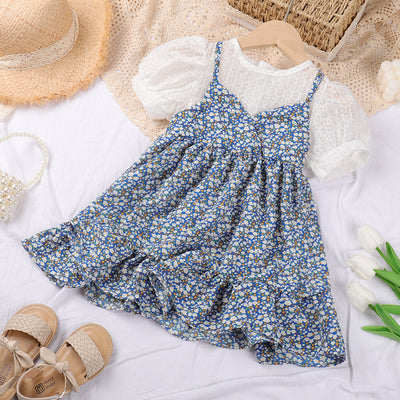 Girls' summer dress new long dress children's clothing kids summer princess dress baby girl faux two-piece dress wholesale