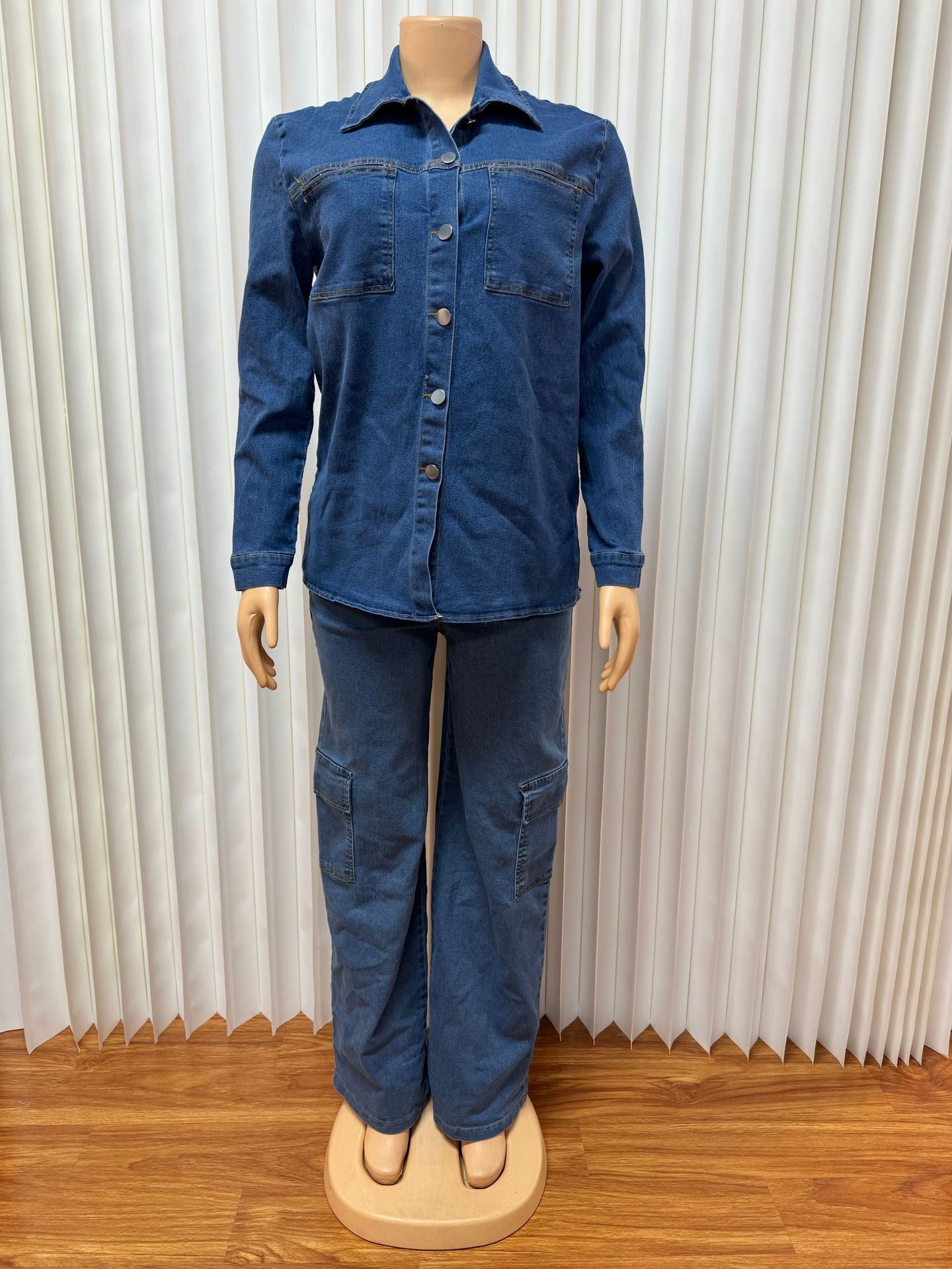 European and American  women's clothing  new loose lapel cardigan long-sleeved straight trousers multi-pocket set denim