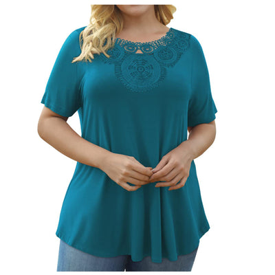 summer european and american cross-border new women's plus size short sleeve pullover lace pleated t-shirt with waist tie