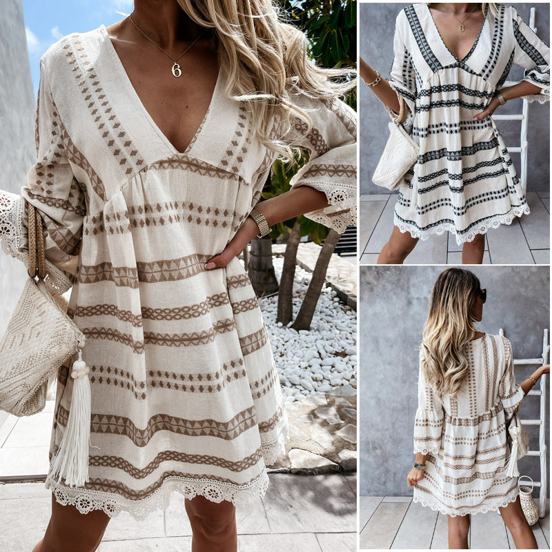 Spot European and American women's clothing   independent station  new lace cuff dress women's summer