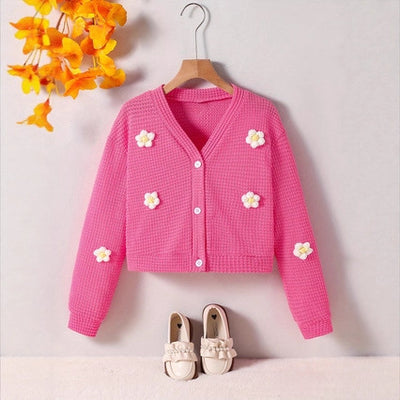 Pre-teen girls' casual floral print cardigan sweater, perfect for fall, vacations, and travel