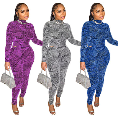 S390435 women's autumn/winter new minimalist fashion solid color mock neck pullover silver thread top and pants set for export